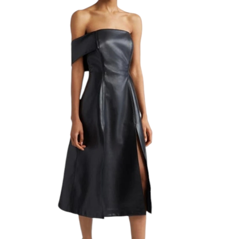 ISRAELLA KOBLA Simphi One-Shoulder Faux Leather Dress Black ...Size 14